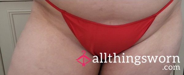 Red Satin VS Gstring With Removable Fluffy Pom Poms