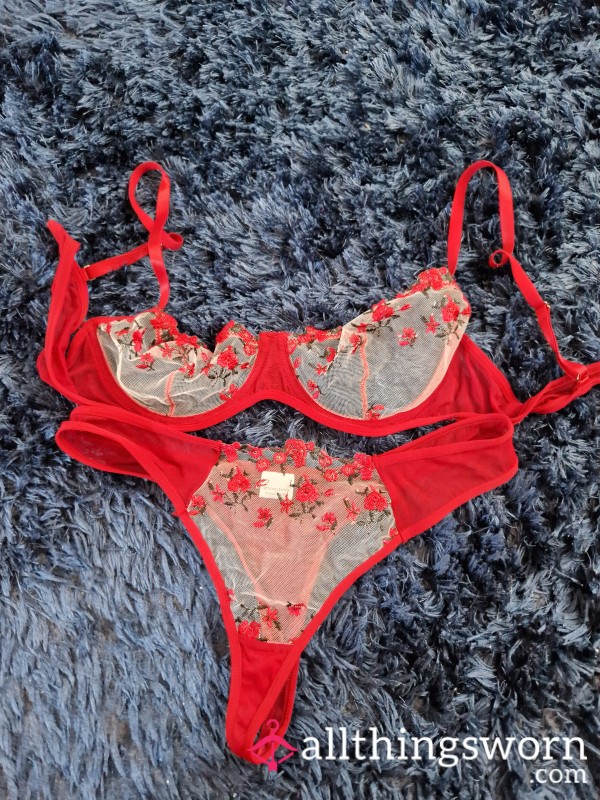 Red See Through Bra And Thong Set