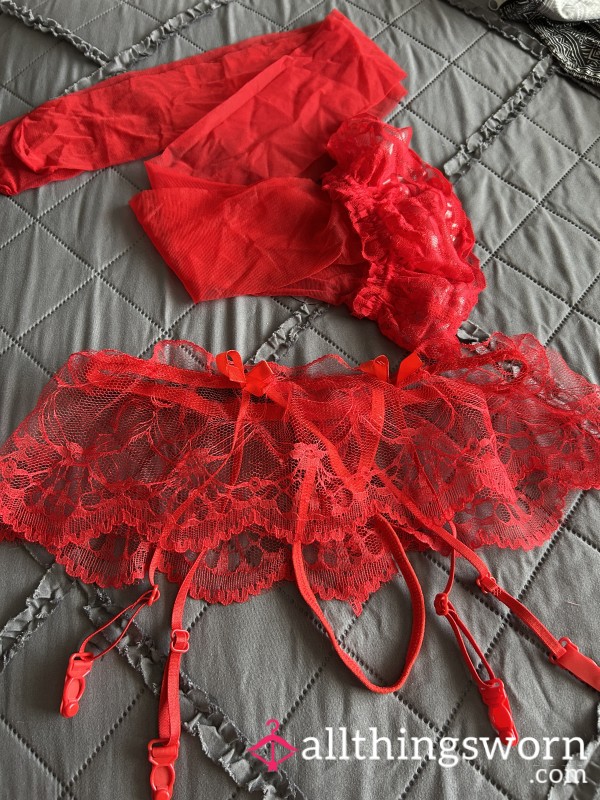 Red Sissy Hold Up Thick Lace Topped Stockings And Lace Thong/suspender Belt Set