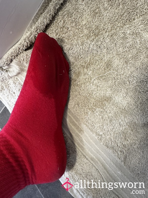 Red Socks I Wore To Clean My Shower, Smelly And Wet