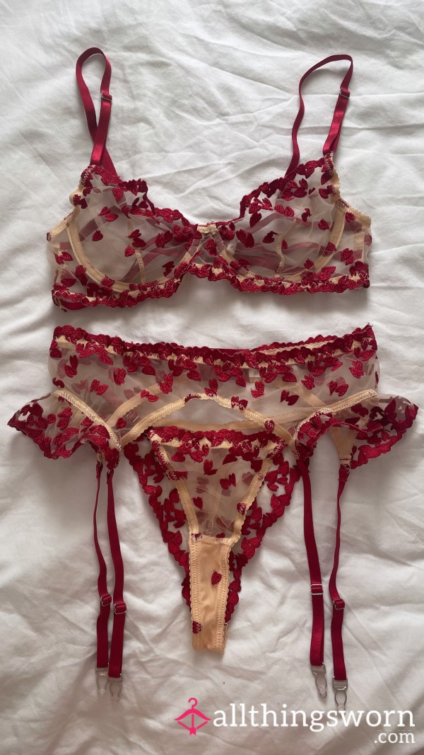 Red & Tan Heart Detail 3 Piece Lingerie Set