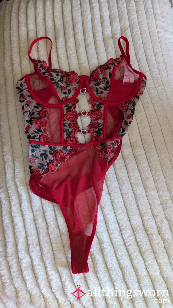 Red Teddy Thong Bodysuit - With Pretty Flowers And Details (SIZE XL)