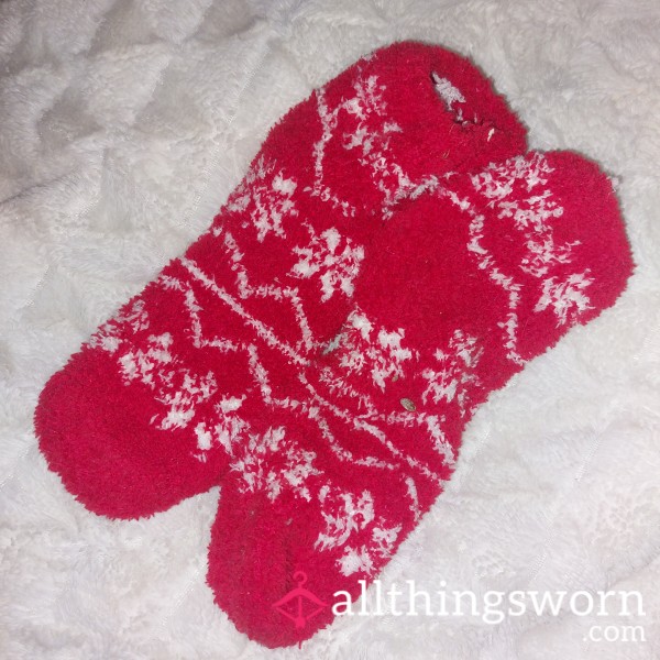 Red Themed Worn Fluffy Socks, Size 5-7EU
