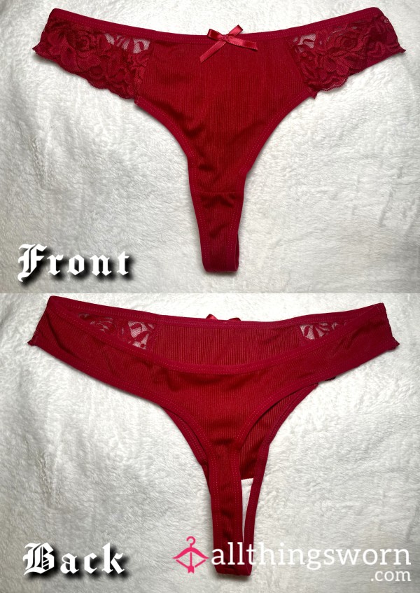 Red Thong With Lace Detail And Bow