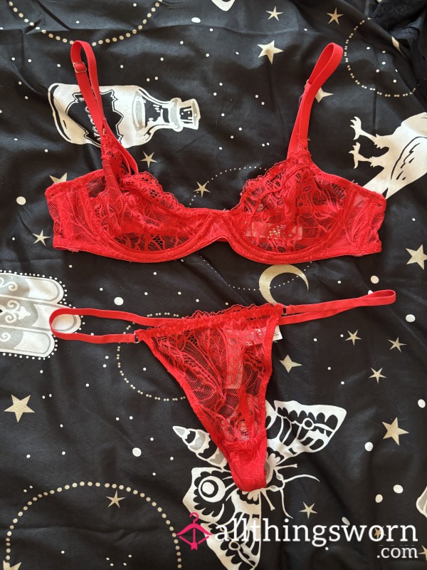 Red Tiny Lace Thong And Bra Worn