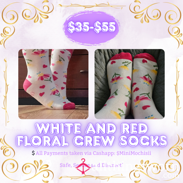 White And Red Flor*l Crew Socks