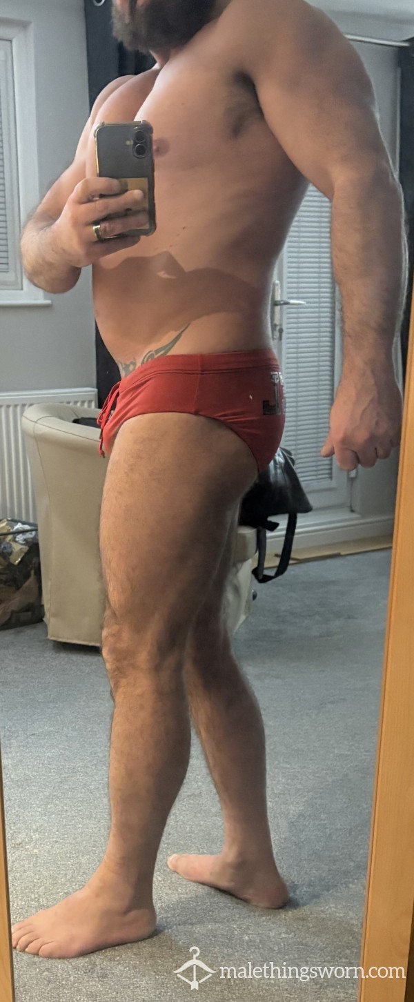 Red Used Worn Diesel Swimming Trunks