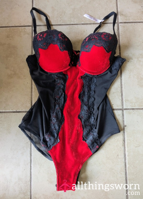Red Velvet With Black Lace One Piece