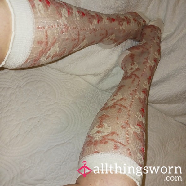 Red White And Pink Embroidered Sheer Sissy Knee Highs Includes Daily Photo Set