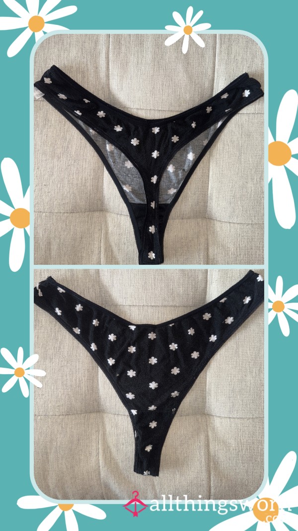 Ribbed Black Thong With White Flowers