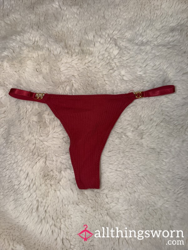 Ribbed Red Thong ✨ Gold Ring Accents + 24hr Wear (Free UK Shipping)