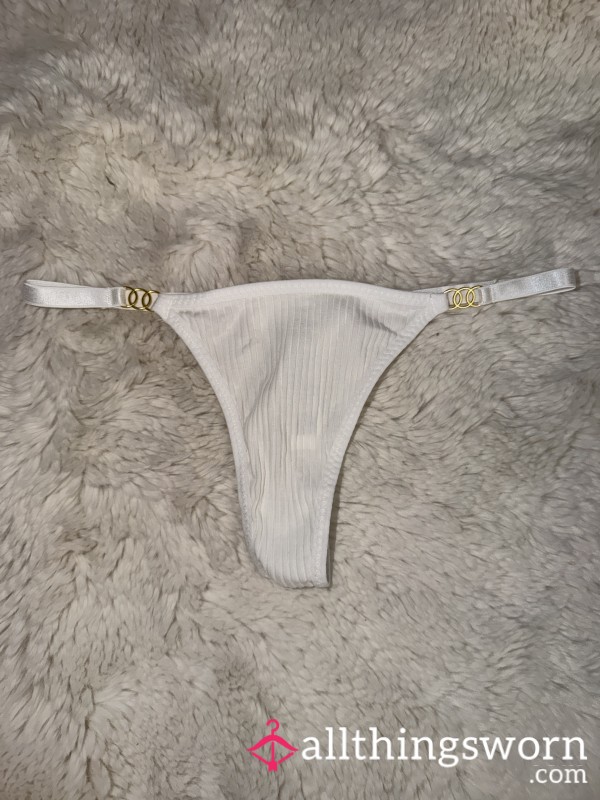 Ribbed White Thong ✨ Gold Ring Accents + 24hr Wear (Free UK Shipping)