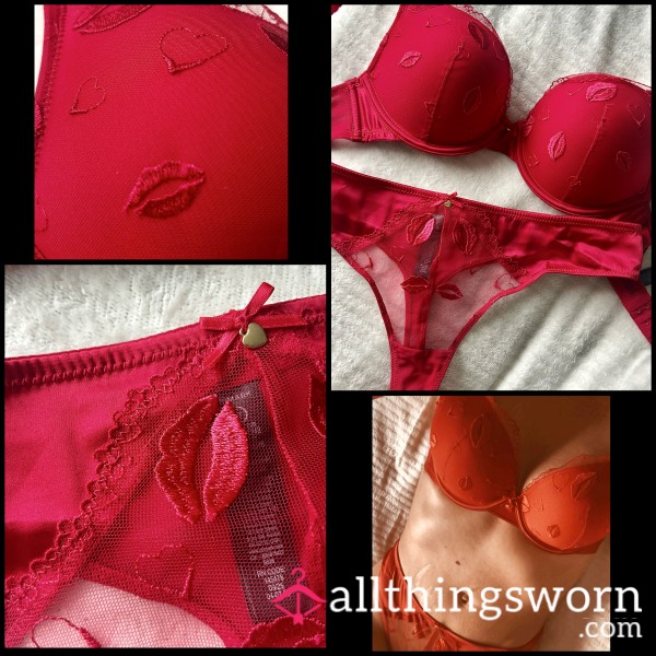🔥 Rich Red Lingerie Set 💋 Bold And Confident Just The Way I Like It 🫦 Embroidered With Kisses And Hearts And Scalloped With Lace 🔥 Grab Yourself A Seductive  Piece Of Me 😈 Proof Of Wear And A