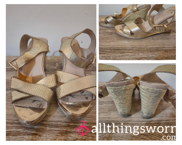 River Island Gold And Rope Heel Wedge Shoes UK Size 5