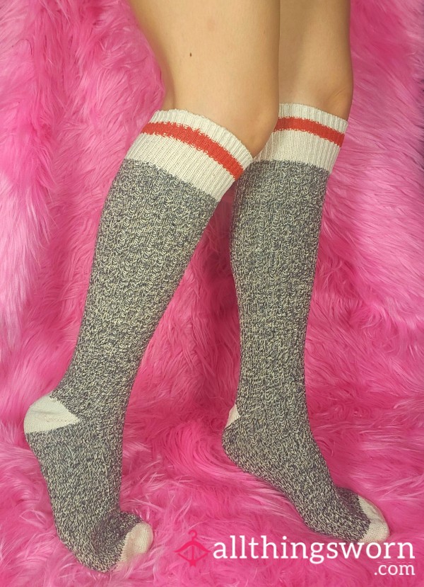 Roots Socks Well Worn Grey Knit Thick Socks Knee High Red Striped Tall Socks Asian Japanese Feet Arched Petite S**y Feet Worship/Foot Fetish Fitness Workout Model