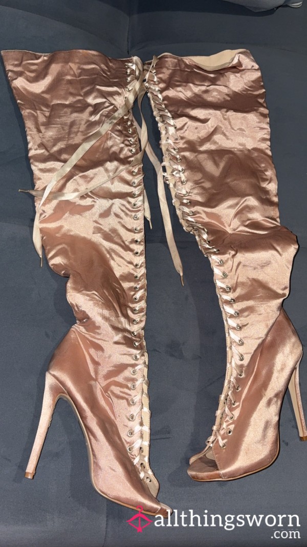 Rose Gold Laced Up Knee High Boots 👢