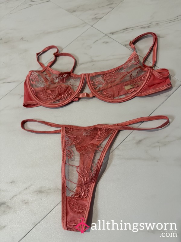 🌷Rose Pink Lace Bra + Thong Panties Lingerie Set 🌷 Sale $33.33