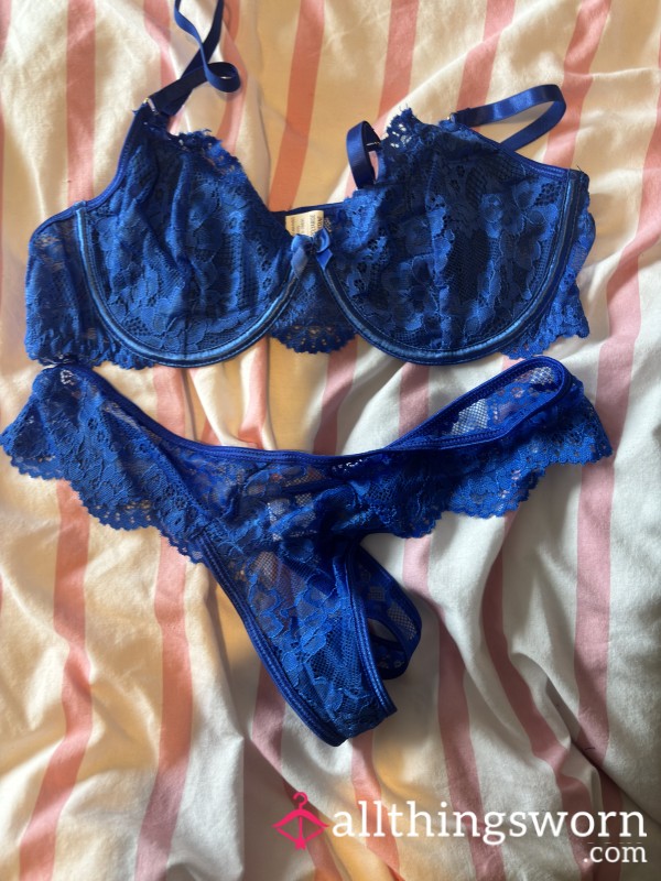 24 Hr Worn Royal Blue Bra And Thong Set