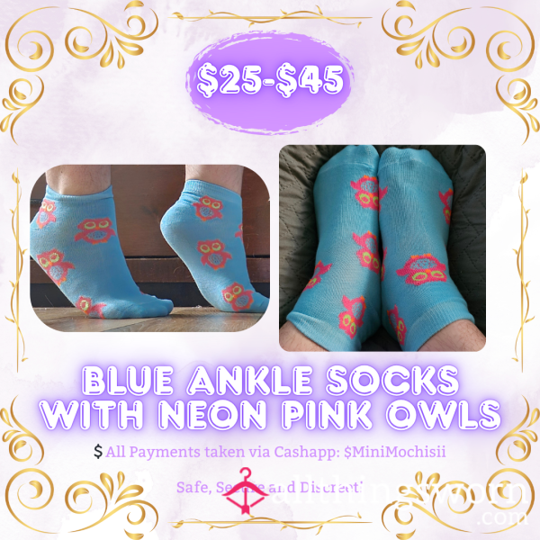 Blue Ankle Socks With Neon Pink Owls