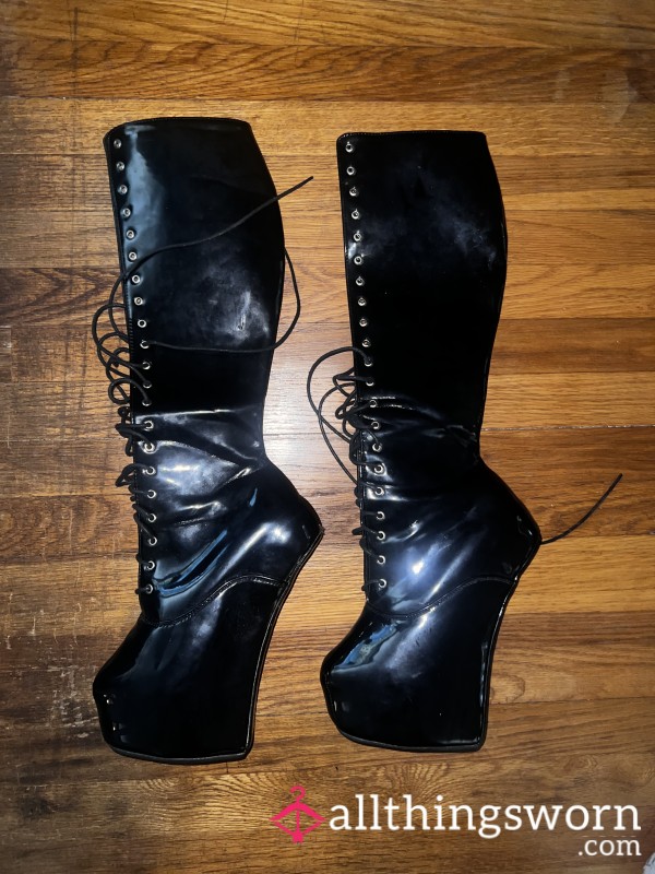 RTBU (Refuse To Be Usual) ECE Heavy Hoof Sole Horse Pony Heelless Knee Hi Fetish BDSM Boots Black Patent.  Size 41 Barely Worn