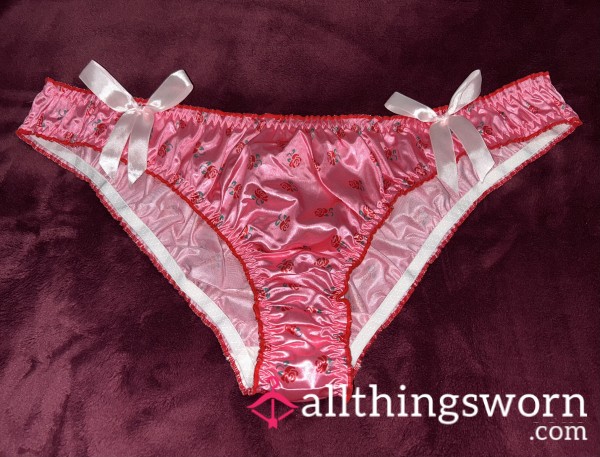 ~RUFFLED HOT PINK SATIN FLor*l CHEEKY PLUS SIZE PANTY W/ WHITE BOWS~