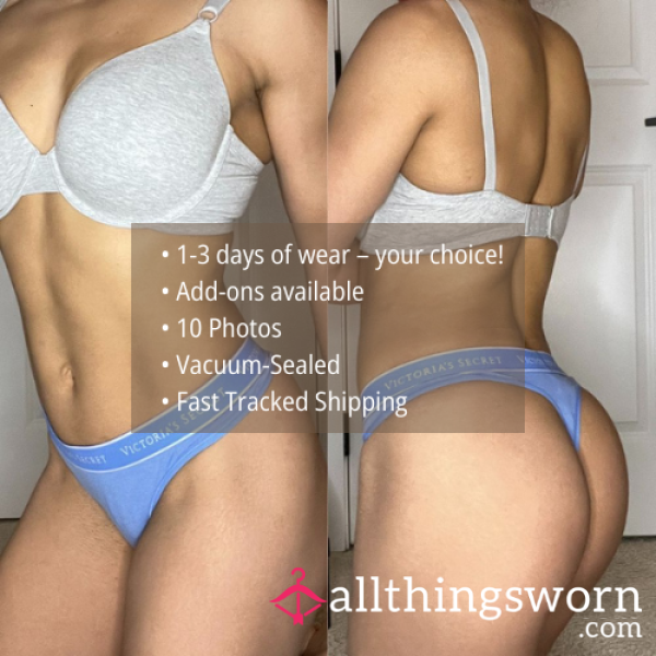 S VICTORIA'S SECRET LOGO ELASTIC WAISTBAND LIGHT BLUE COTTON THONG PANTY (1333)