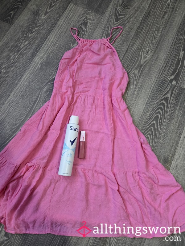 S-XXL PINK GIRLY SISSY DRESS WITH DEODRANT AND DARK BURGUNDY LIPSTIC