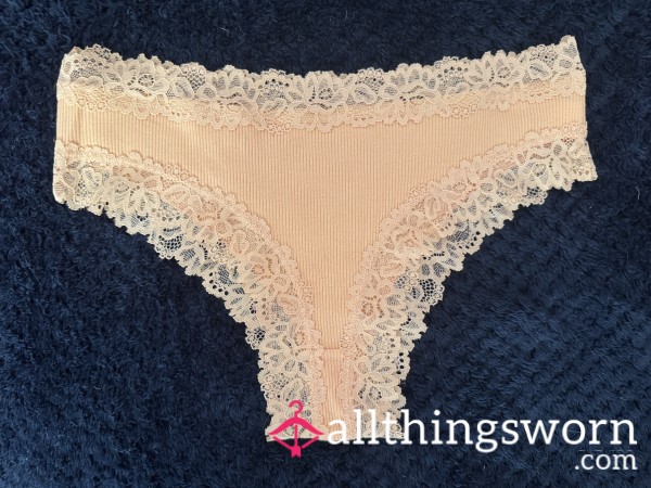 Salmon Cotton Ribbed Panties Lace Trim