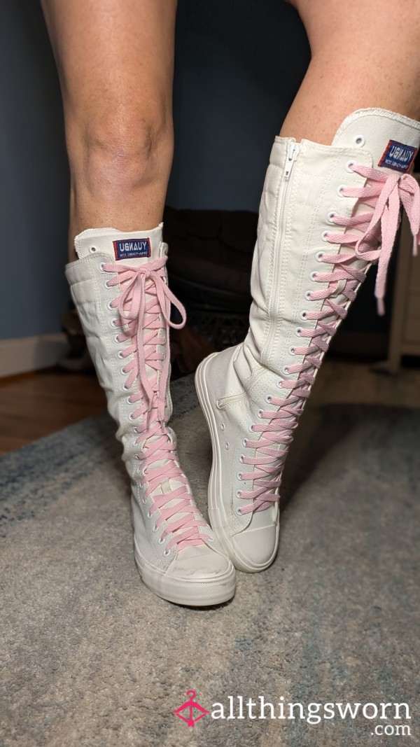 Sa**y And S**y White And Pink Converse Style Tall Boots