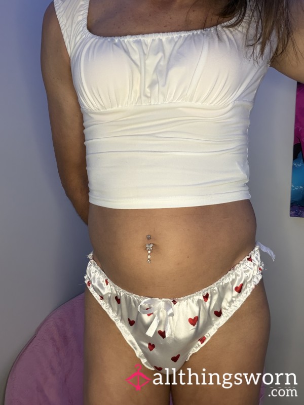 Satin Cheeky Brazilian Bikini Panty White With Red Hearts And Bows