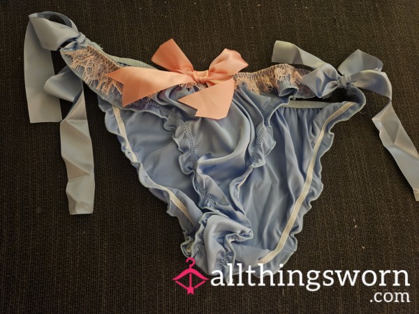 Satin Like Blue Thong With Pink Accents Extra Large