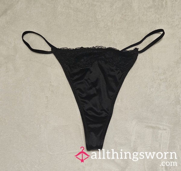 Satin Seductress: Metallic Midnight Black Thong W/Black Lace Trim