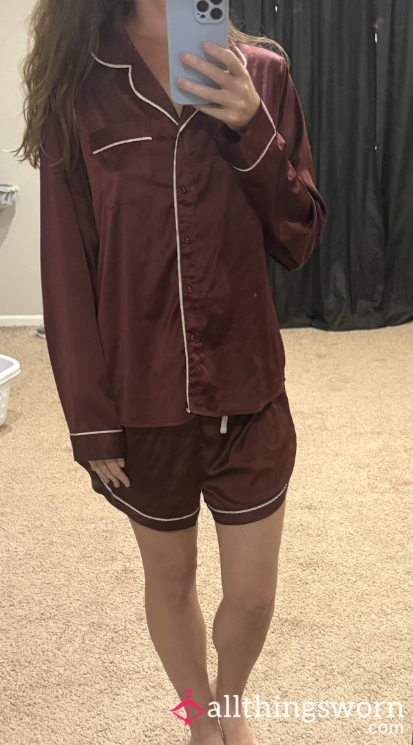 Satin Sleep Set- Burgundy Long-Sleeved Shirt And Shorts