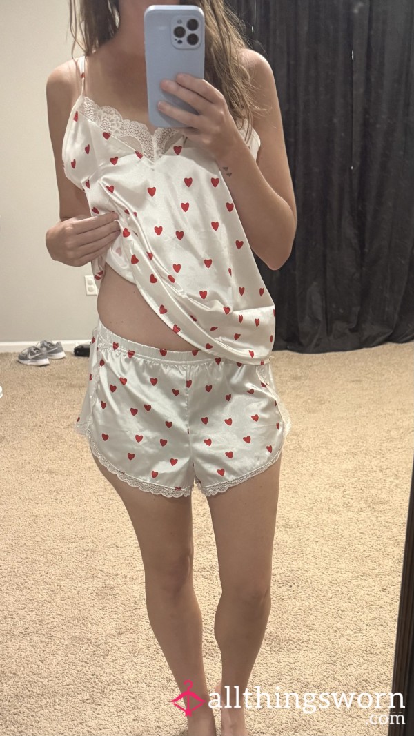 Satin Sleep Set, White And Red Hearts, Tank Top And Shorts ❤️