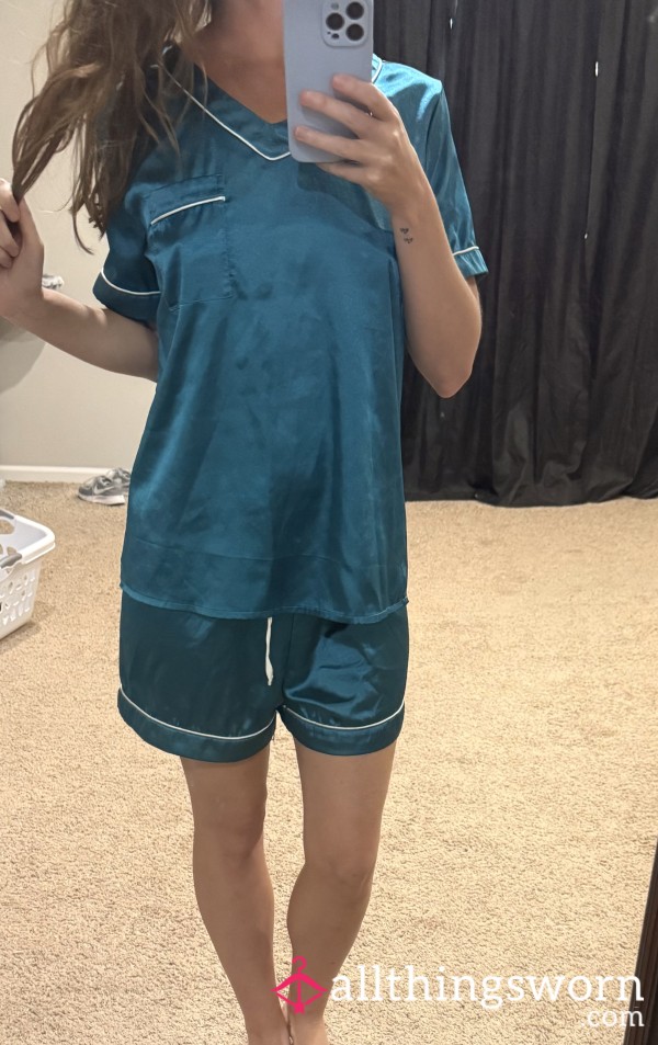 Satin Sleep Set, Teal Short-Sleeved Shirt And Shorts