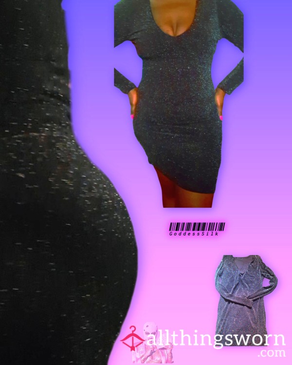 🔥 SCROLL-STOPPER: XL- Well WORN Black Sparkly Tight Mini Dress - GoddessSilk’s Curves Melted Into Every Inch 🔥 Multiple Wear- No Wash