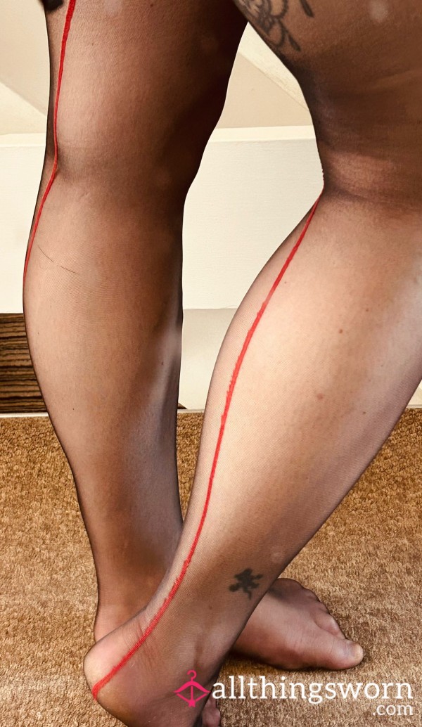 Seamed Black And Red Tights Worn For Days At Work