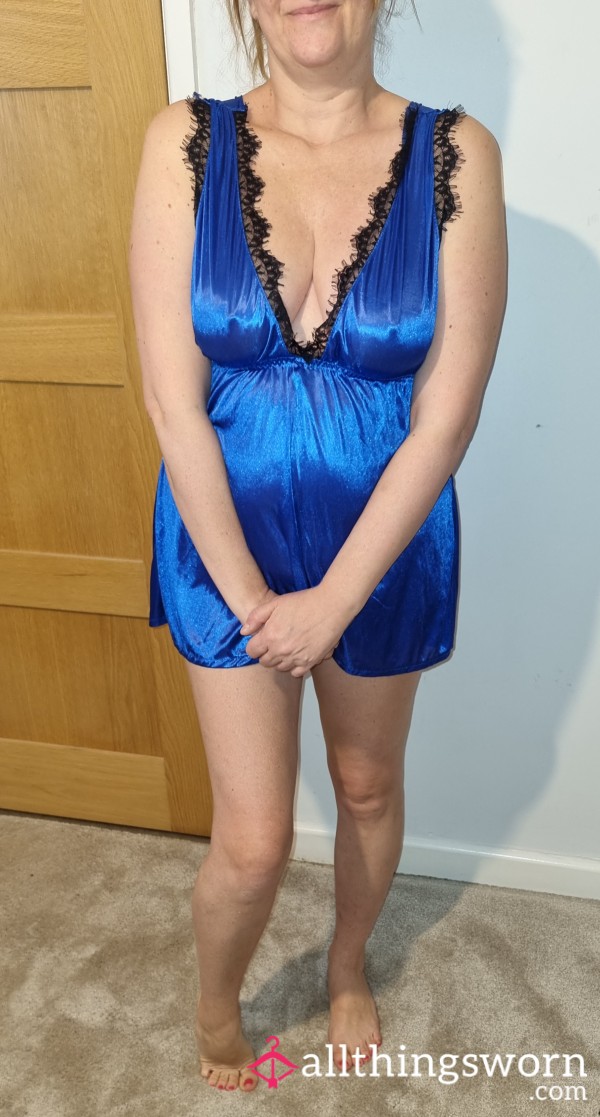 💙 Sensual Blue Satin & Lace Negligee – Worn For You