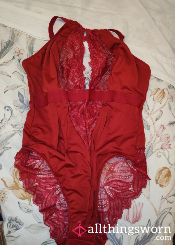Sensual Well-Worn Red Halter Lace Bodysuit – Warm, Intimate Scent Included 💋