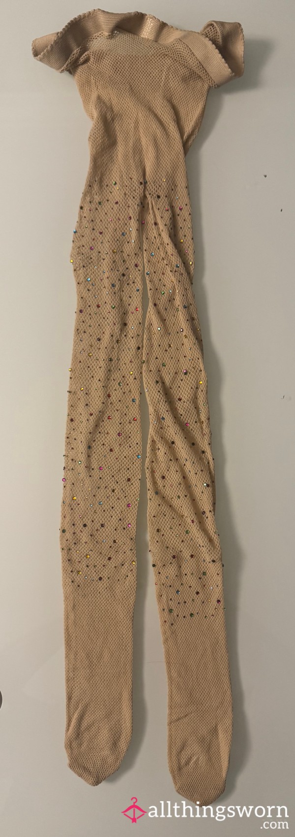 S**y Beige See Through Fishnet Pantyhose With Rhinestones. Worn And Unwashed For Your Pleasure