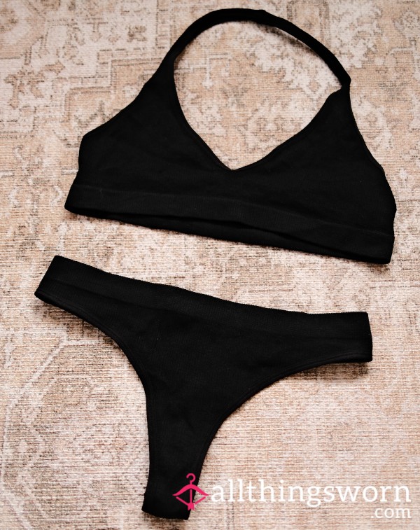 S**y Black Halter Bra And Thong Set, 48hr Wear + Pics 🖤