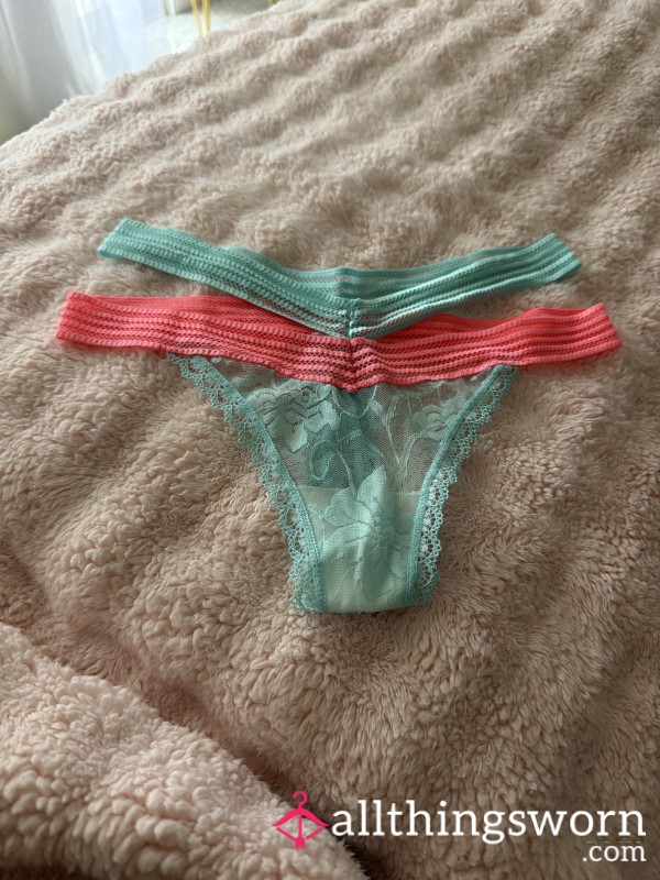 🌈 S**y Blue + Pink Sheer Lace Flor*l Thong 🌈