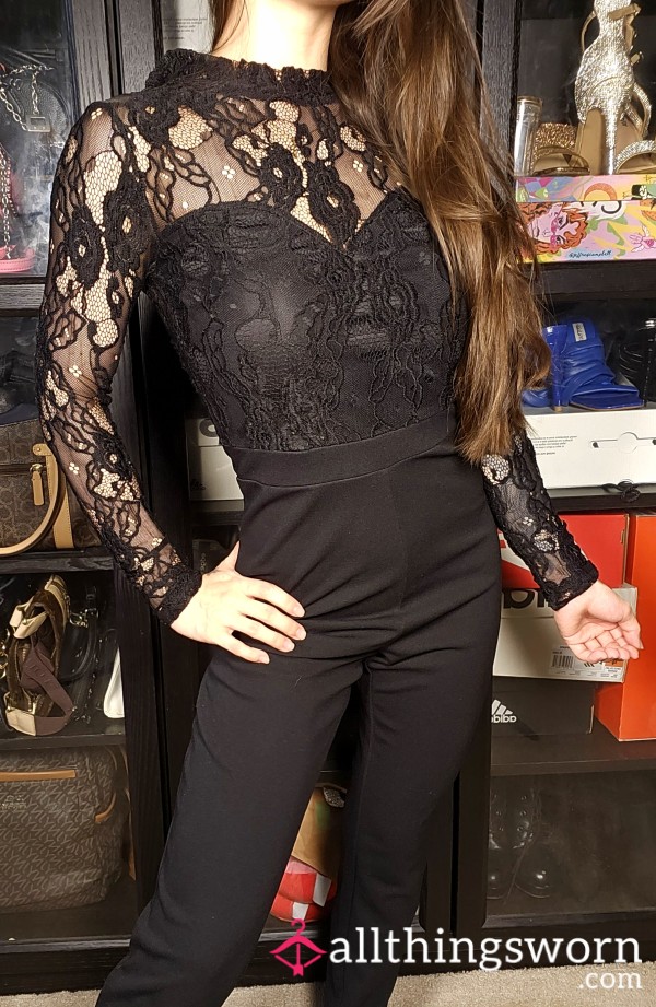 5 For $25❤️s**y Lace Black Jumpsuit 1 Piece Longsleeved Romper /Jumper Well Worn For Years Japanese Girl Asian Tattooed Cute Fitness Gym Model Personal Trainer