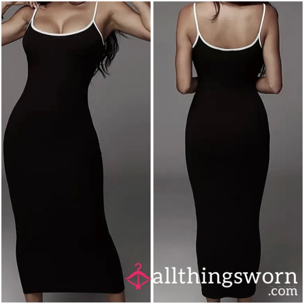 ‼️50%‼️ S**y Long Skinny Dress In Black Polyester With White Detail
