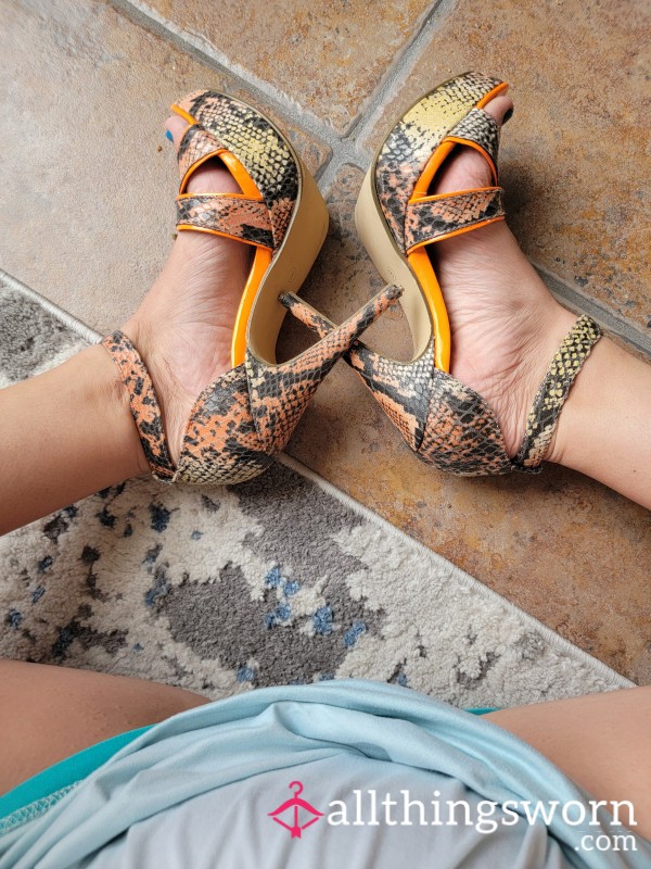 S**y Orange Snake Skin Well Worn High Heels