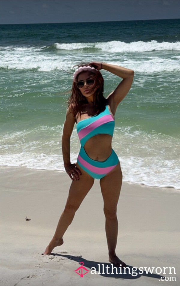 S**y Pink And Blue One Piece Bathing Suit With Cut Out And One Strap. Size Small