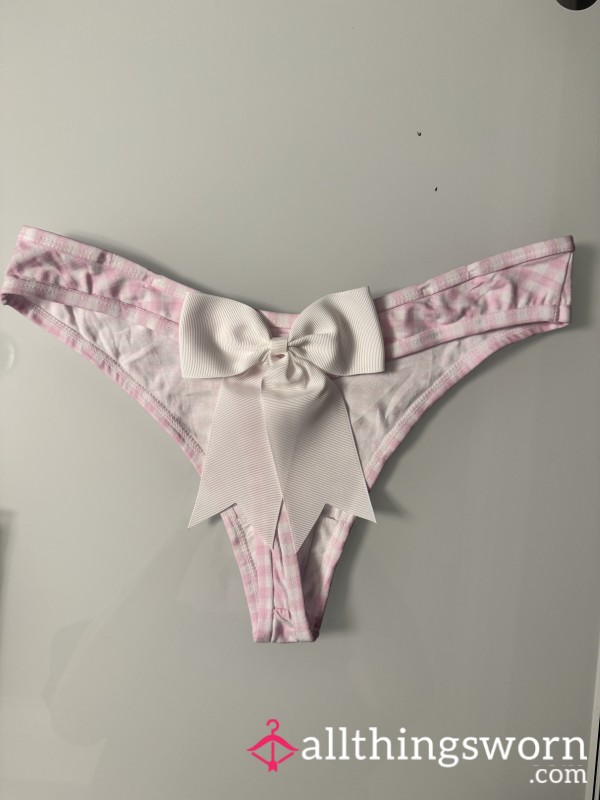 S**Y PINK AND WHITE GINGHAM CHECKERED THONG WITH WHITE BOW. COTTON/SIZE SMALL. COMES WITH 1 DAY WEAR, FREE SHIPPING & TRACKING IN US