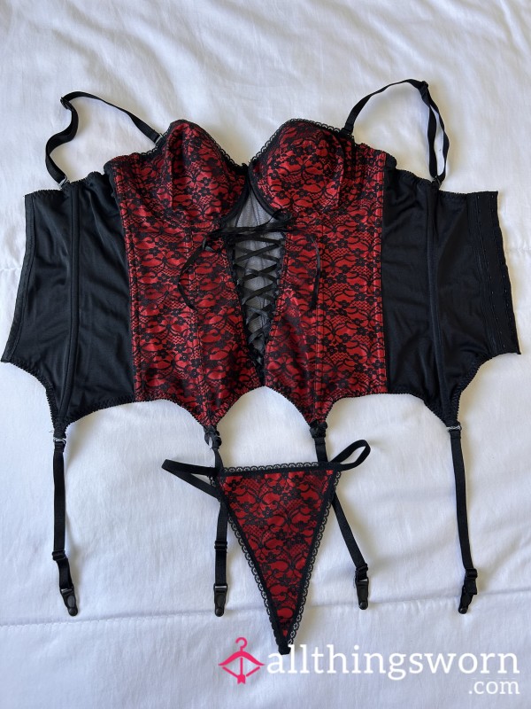 S**y Red & Black Corset Top + G-String – Worn By Me 💋