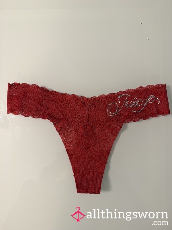 S**Y RED LACE JUICY COUTURE THONG WITH JEWELS/SIZE SMALL, COMES WITH 1 DAY WEAR, FREE SHIPPING & TRACKING IN U.S.