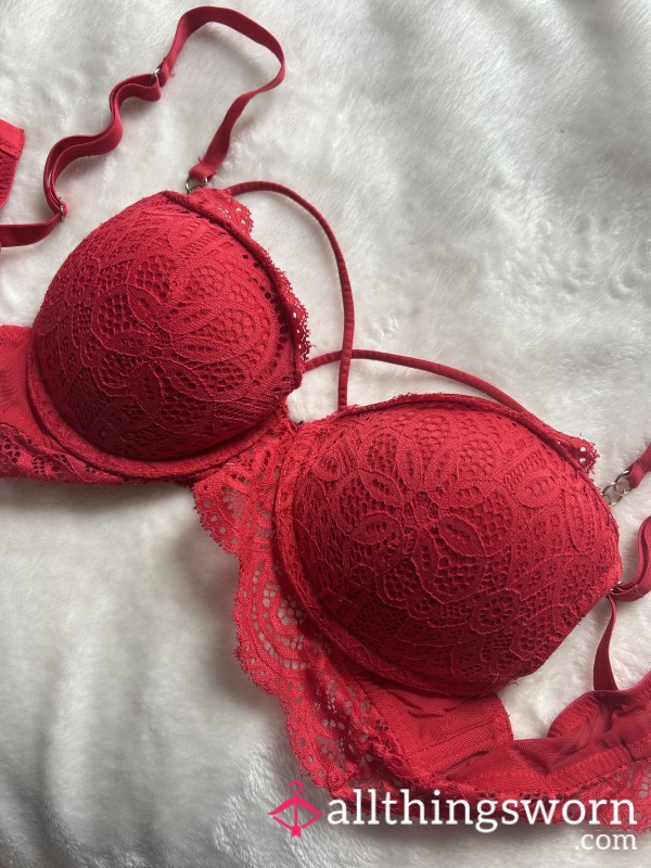 S**y Red Lace Padded Bra, Heavily Worn 34A